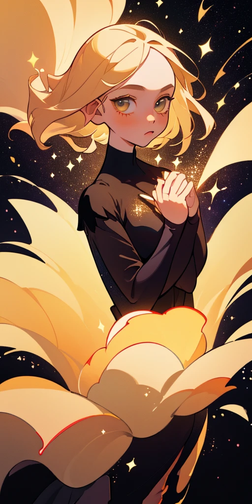(best quality, masterpiece), 1girl, galaxy, glitter, dress, particle, wind, flower, upper body, dark simple background, looking at viewer, blonde,