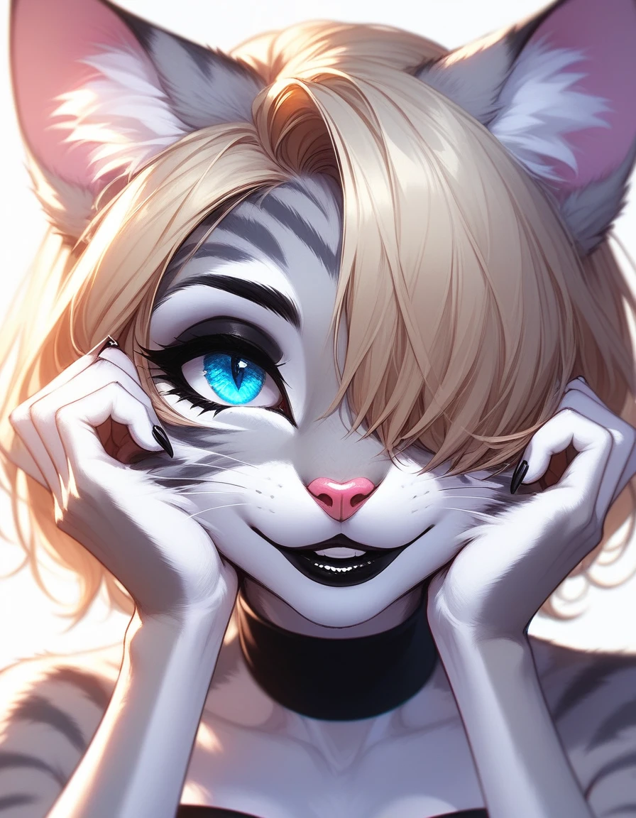Solo, score_9,score_8_up,score_7_up, source_furry, (Kat, Anthro furry feline girl, adult female, blue eyes, blonde hair, hair covering one eye, :3, pink nose, black lipstick, wearing black bandeau, close up, portrait, seductive modeling pose, hands on her face