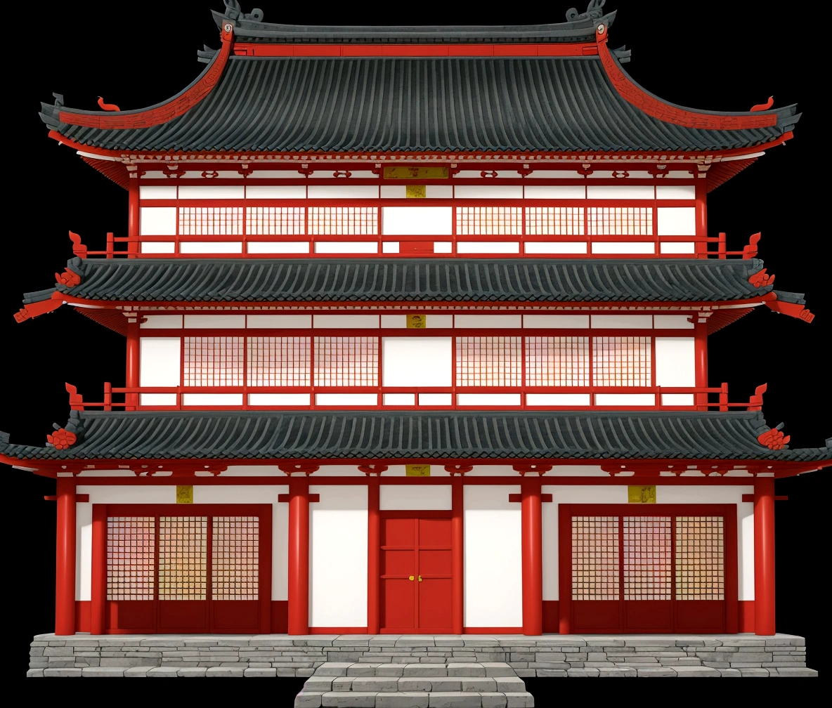 a cartoon illustration of a chinese building with a red door, an extremely detailed building, chinese building, japanese temple, japanese house, european japanese buildings, digital painting of a pagoda, zen temple background, ancient japanese architecture, temple background, japanese architecture, background depicting a temple, inspired by Tōshi Yoshida, inspired by Shūbun Tenshō, japanese temples