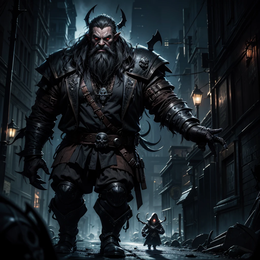 A dark and mysterious evil dwarf with an evil grin walks along a sinister and disturbing street strewn with skulls, behind him a black female shadow with illuminated eyes