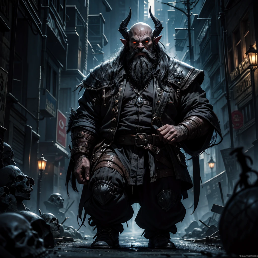 A dark and mysterious evil dwarf with an evil grin walks along a sinister and disturbing street strewn with skulls, behind him a black female shadow with illuminated eyes