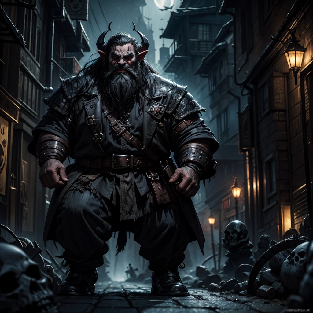 A dark and mysterious evil dwarf with an evil grin walks along a sinister and disturbing street strewn with skulls, behind him a black female shadow with illuminated eyes