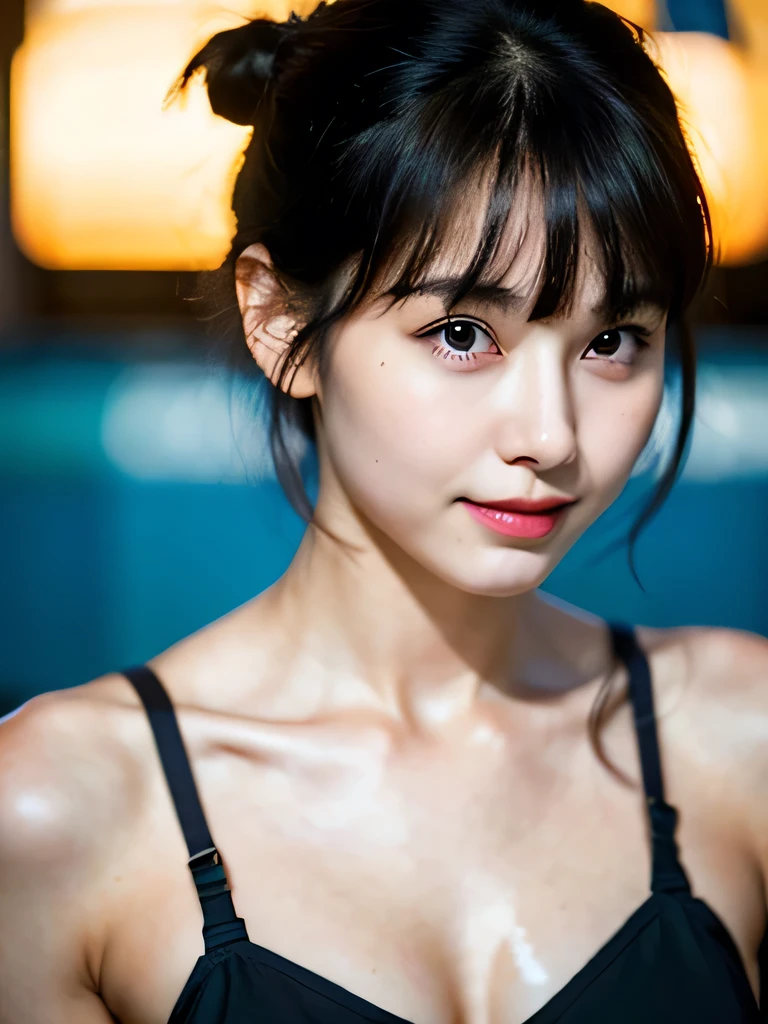 A very cute german girl, 15 years old, short brunette hair, buns, bangs, sad smile, a lot of ear piercings, Ultra high res, uhd, (photorealistic:1.4), wearing tube top