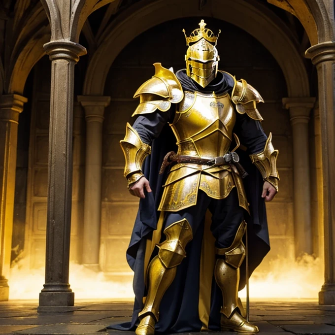 A knight, yellow armor, armor with abs, sword, crown helmet, standing, full body,