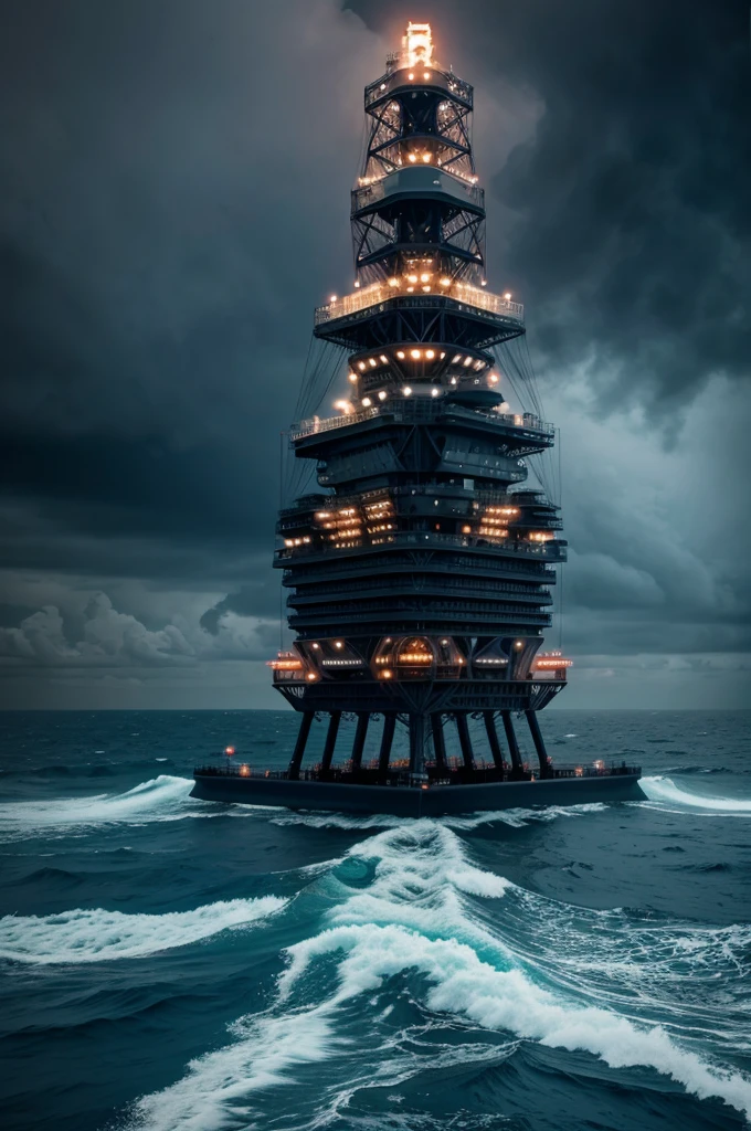 Create a horrifying 4K image of a modern OIL RIG in the  middle of a terrifying ocean