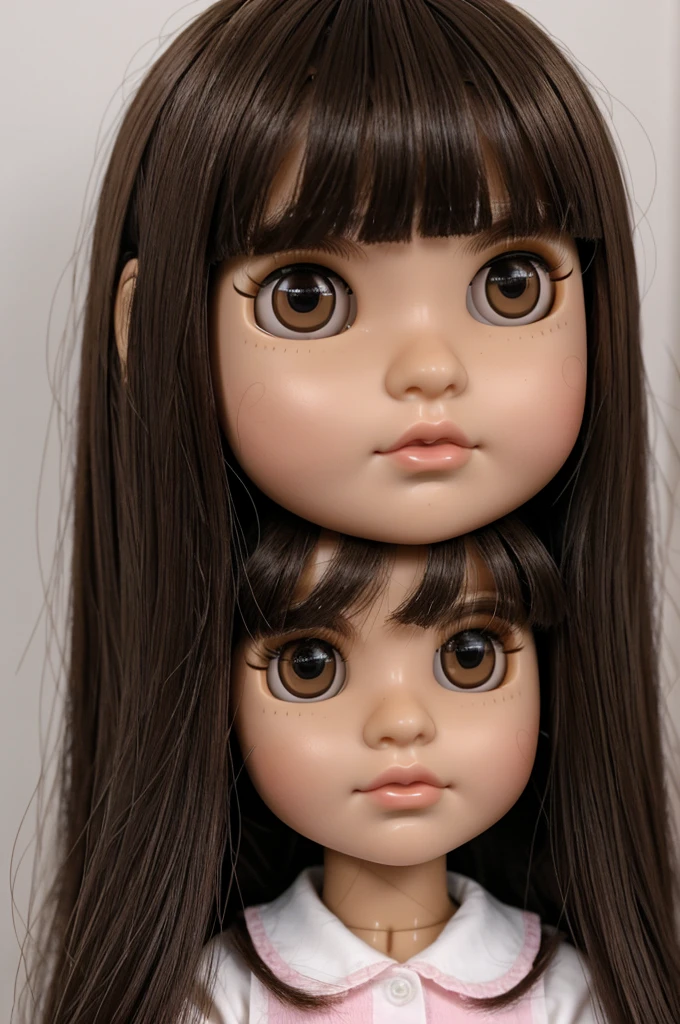 Blythe doll: Brown hair, white skin, brown eyes, pink lips, bangs down to the eyelid, cheeks a little pink, two moles together on the left cheek, Dark brown eyes and the shape of the face rounder as a doll, With a black shirt, Long straight hair, dark eyes, The bangs that reach the lowest, ojos negros 
