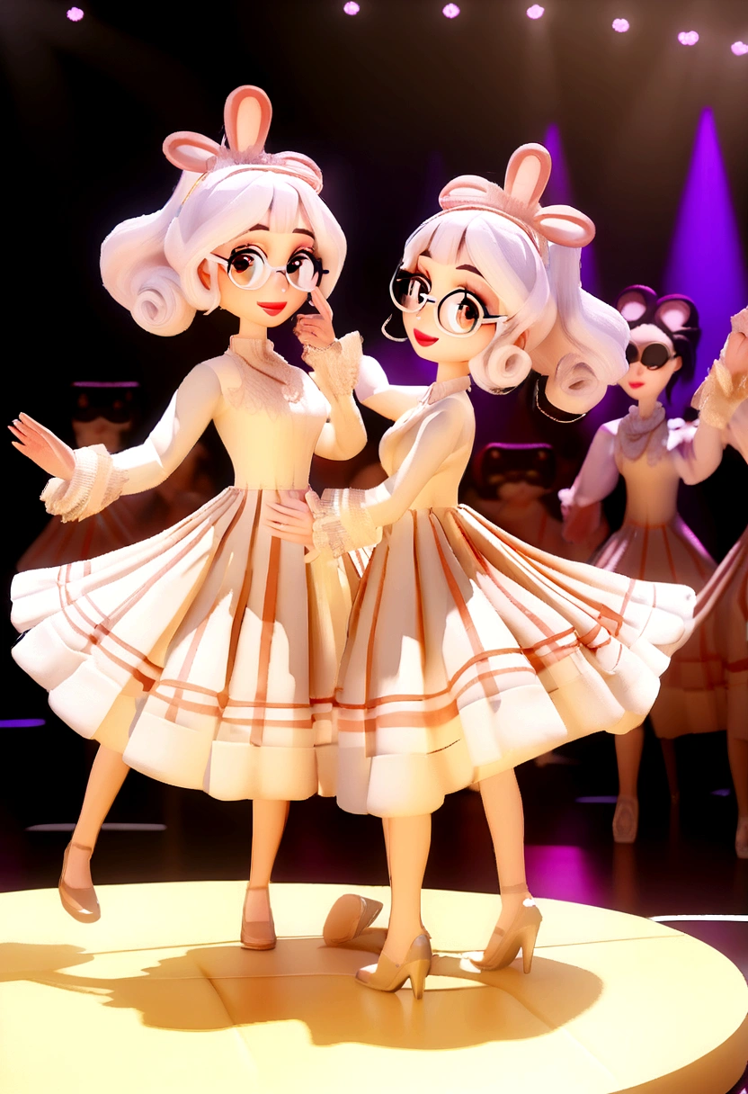 "(best qualityer,ultra detali,realisitic:1.37),3D rendering,illustration,character  design,short dark curly hair,beautiful detailed eyes,wearing white glasses,Pixar-style,brunette woman,Dancing on the Disney stage,lively atmosphere,bright coloured,stage lights,happy expression"