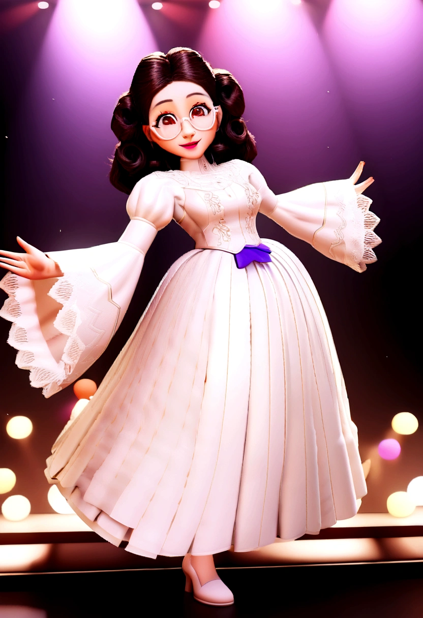 "(best qualityer,ultra detali,realisitic:1.37),3D rendering,illustration,character design,short dark curly hair,beautiful detailed eyes,wearing white glasses,Pixar-style,brunette woman,Dancing on the Disney stage,lively atmosphere,bright coloured,stage lights,happy expression"