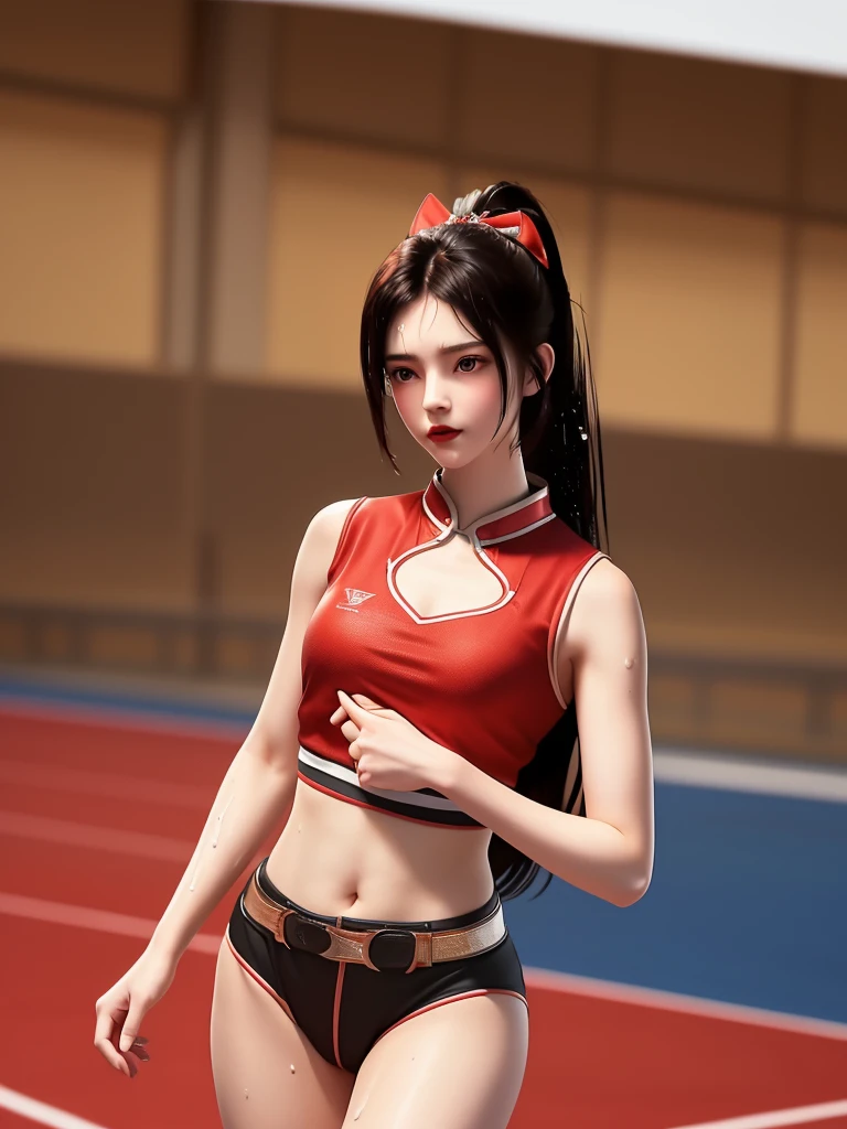 SYWZ Wang Yuanyuan,1 Girl, armor,city View, morning, Looking at the audience, Mature female, Red Eyes,High Ponytail, Hair accessories, Red Shirt,Cowboy shooting, Scapula,((masterpiece, Top image quality, high resolution、solo、small 、Sleeveless land uniform、track and field athlete、High Ponytail发型、Tecateca Skin、Glowing skin))、Sweaty face、Latino, puberty, Sweating all over、Red lipstick、Walking along the athletic track、solo、Hands and hips、The navel is exposed、((Thigh raise exercise))、((Running on the track))、(((Masculine body)))、((Soaked in sweat))、(((Look at the whole body)))