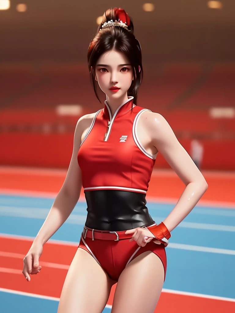 SYWZ Wang Yuanyuan,1 Girl, armor,city View, morning, Looking at the audience, Mature female, Red Eyes,High Ponytail, Hair accessories, Red Shirt,Cowboy shooting, Scapula,((masterpiece, Top image quality, high resolution、solo、small 、Sleeveless land uniform、track and field athlete、High Ponytail发型、Tecateca Skin、Glowing skin))、Sweaty face、Latino, puberty, Sweating all over、Red lipstick、Walking along the athletic track、solo、Hands and hips、The navel is exposed、((Thigh raise exercise))、((Running on the track))、(((Masculine body)))、((Soaked in sweat))、(((Look at the whole body)))