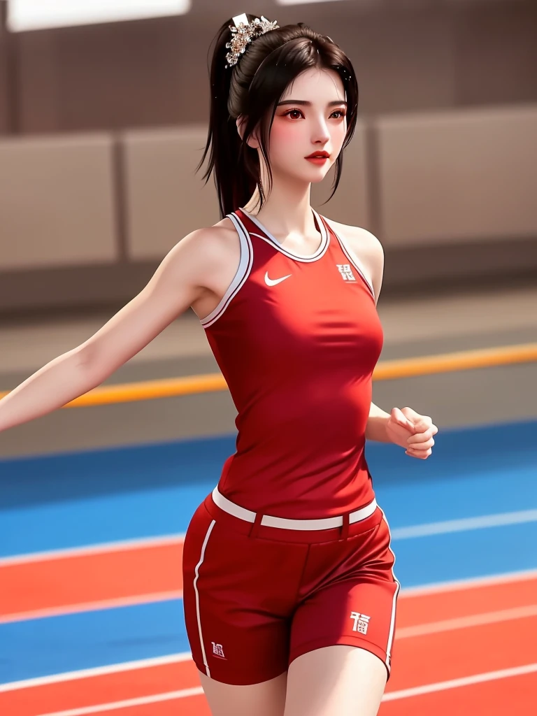 SYWZ Wang Yuanyuan,1 Girl, armor,city View, morning, Looking at the audience, Mature female, Red Eyes,High Ponytail, Hair accessories, Red Shirt,Cowboy shooting, Scapula,((masterpiece, Top image quality, high resolution、solo、small 、Sleeveless land uniform、track and field athlete、High Ponytail发型、Tecateca Skin、Glowing skin))、Sweaty face、Latino, puberty, Sweating all over、Red lipstick、Walking along the athletic track、solo、Hands and hips、The navel is exposed、((Thigh raise exercise))、((Running on the track))、(((Masculine body)))、((Soaked in sweat))、(((Look at the whole body)))