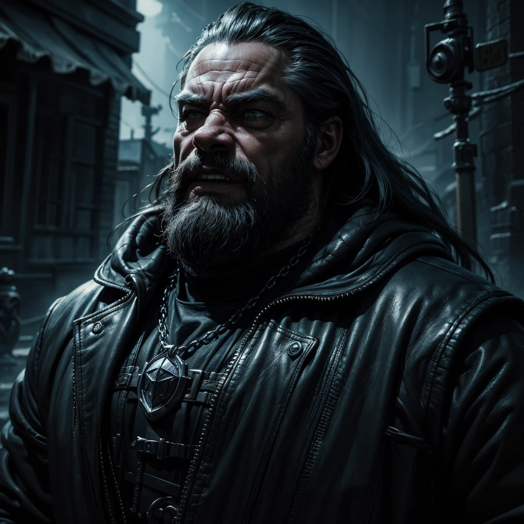 A dark, sinister dwarf with an evil grin, detailed face features, walking along a disturbing street littered with skulls, a black female shadow with illuminated eyes looming behind, gritty, dark fantasy, cinematic lighting, moody, high contrast, dramatic, muted colors, (best quality,4k,8k,highres,masterpiece:1.2),ultra-detailed,(realistic,photorealistic,photo-realistic:1.37)