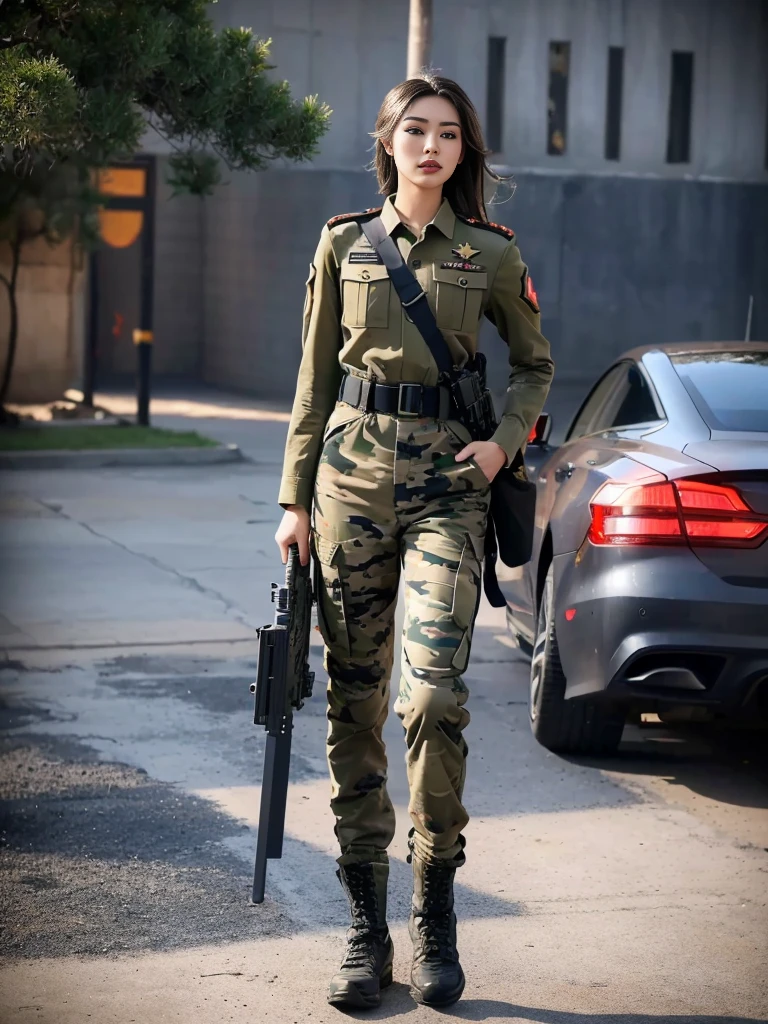 Fashion female model 18 years old ，He has a submachine gun in his hand，The firelight illuminated her face，，Divine eye，Sexy lips，high nose，Human Development Report，girl，(((沙漠迷彩military uniform)))，military uniform，Military belt，Tactical camouflage pants，Delicate face，Sexy highlighted，，Breast augmentation，Buttocks fat，The background is the Middle East battlefield，Smoke，Fire rushed into the sky，combustion，City ruins，4K ultra HD, Ultra-high resolution, (lifelike: 1.4), best quality，masterpiece，Professional photography。