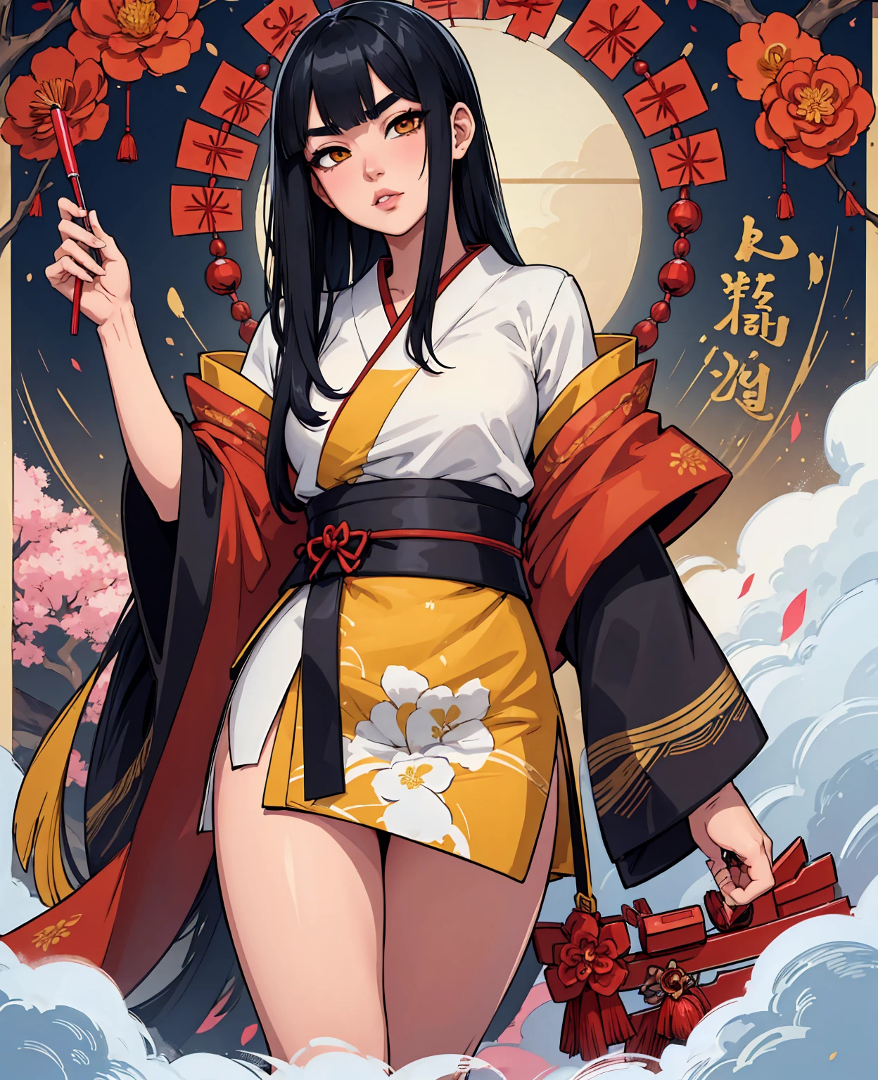 Nengajo: The Japanese New Year's Card,Happy New Year,New Year, ,Shimabara Yuuhi,lips gloss,blue black hair,short disheveled bangs,jagged cowlick,long locks,medium hair,thick eyebrows,sharp yellow eyes