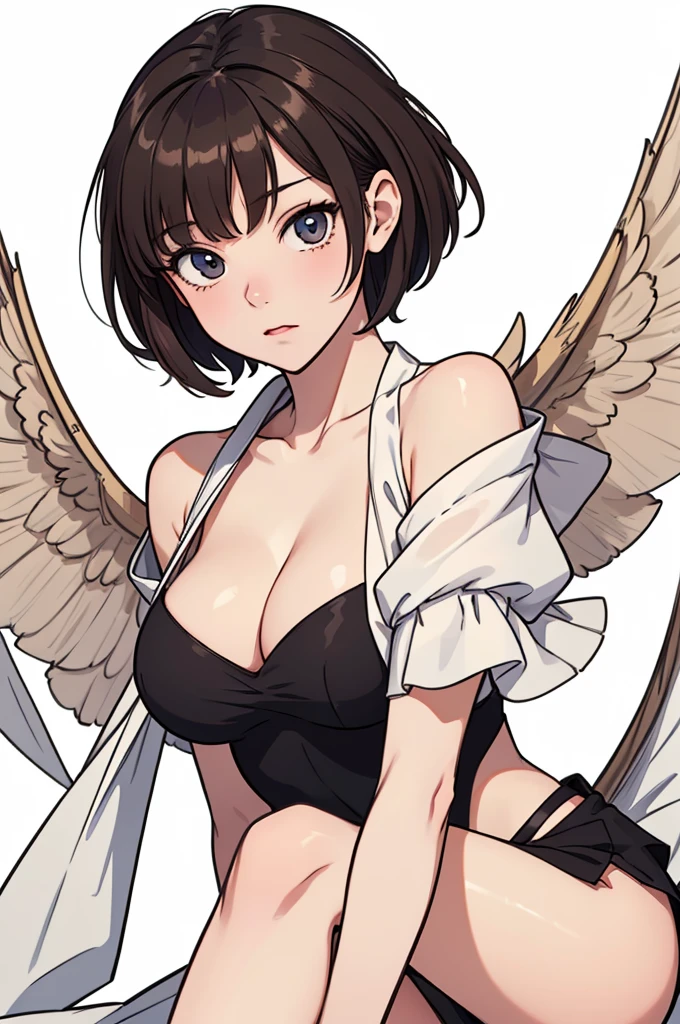 (((masterpiece, best quality, ultra highres, 1 girl, solo, white background))), super detailed skin and face and eyes and finger, beautiful japanese woman, small breasts:1.5, skinny, light brown hair, white background, very short pixie hair, (an illustration of girl), Knee shot, Generate with illustrations, Various expressions, Various poses, Please draw the entire character within the frame, ensuring that the head, arms, and legs are not cut off. The background should be simple, with the character positioned centrally, outline, anime,