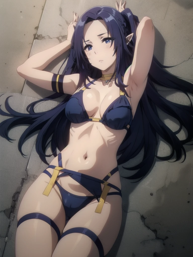 dark blue hair,,long hair,blue eyes,pointy ears,elf,(((blue bikini)))