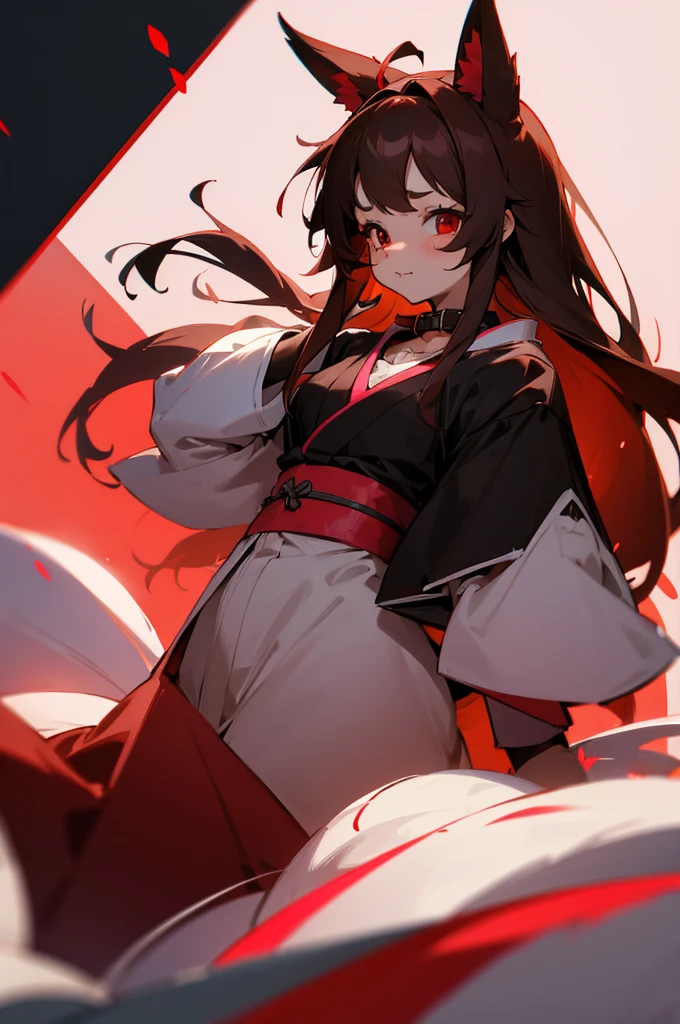 young furry cute little bunny girl with long messy brown hair, RED eyes, wearing a black and red Japanese , wearing a pink pet collar, family friendly
