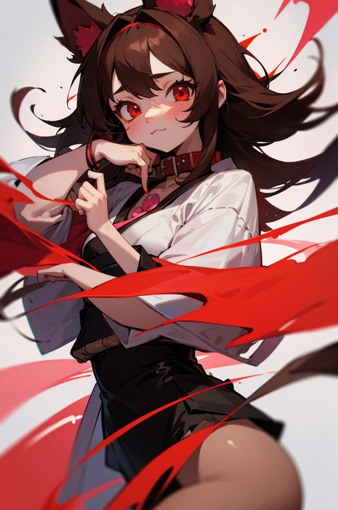 young furry cute little bunny girl with long messy brown hair, RED eyes, wearing a black and red Japanese , wearing a pink pet collar, family friendly
