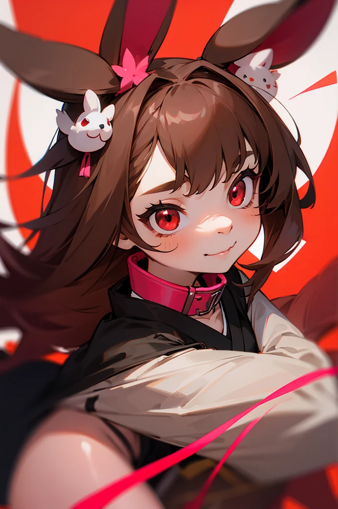 young furry cute little bunny girl with long messy brown hair, RED eyes, wearing a black and red Japanese , wearing a pink pet collar, family friendly
