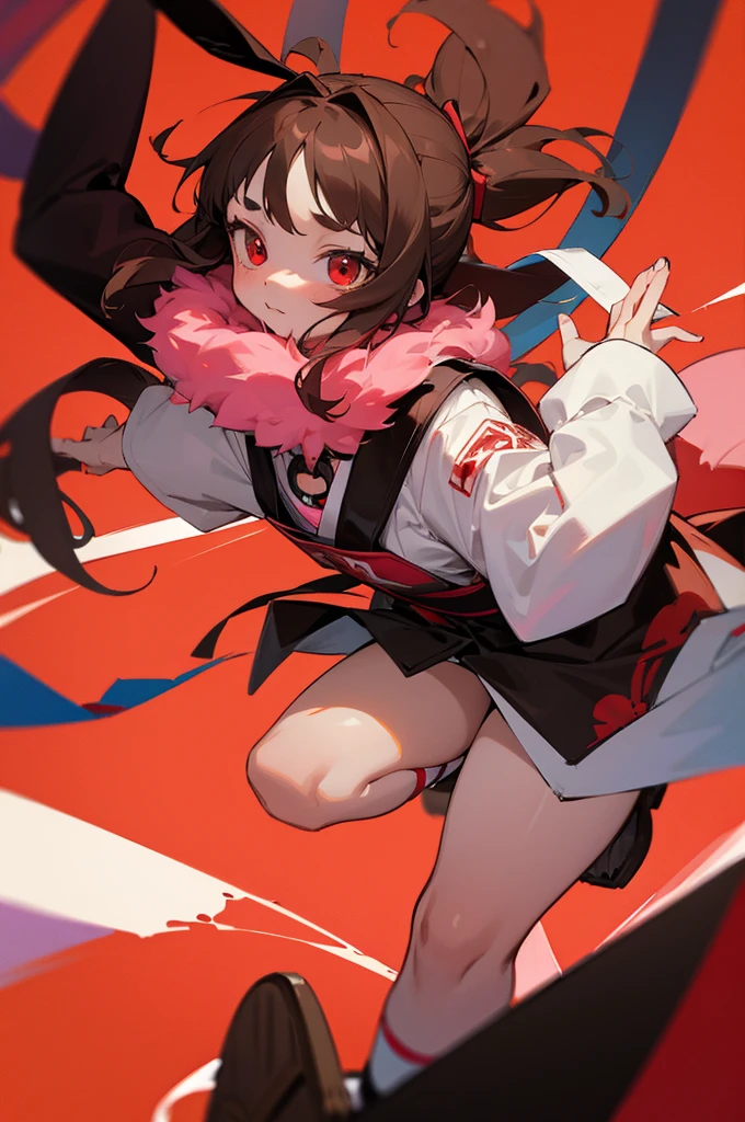 young furry cute little bunny girl with long messy brown hair, RED eyes, wearing a black and red Japanese , wearing a pink pet collar, family friendly
