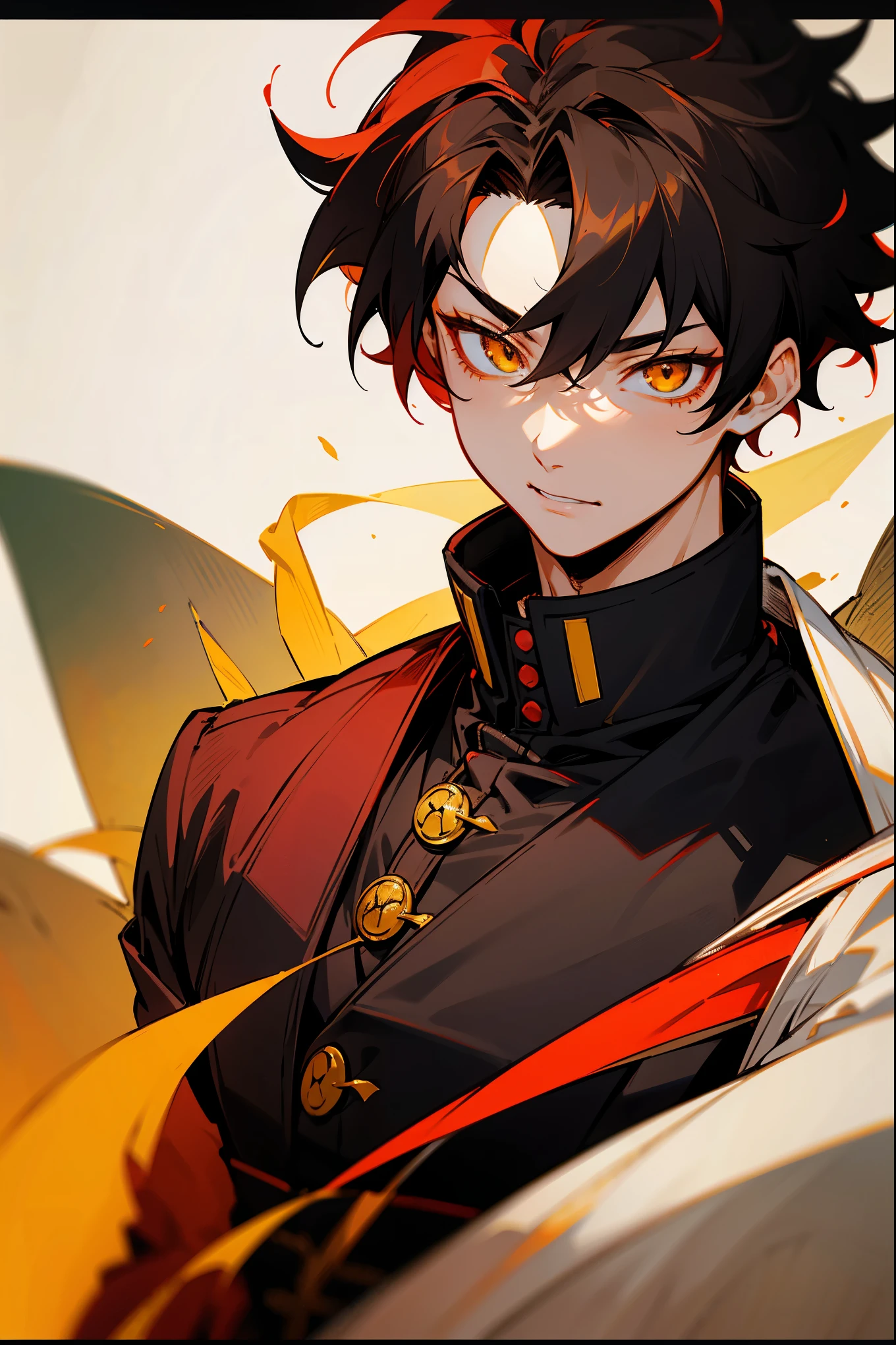 1male , Young Male , Black Button up Turtleneck , Demon Slayer Uniform , White Haori with yellow a accents worn over , Oumbre Hair , Black Hair , Crimson red highlighted hair , Low cut messy hair