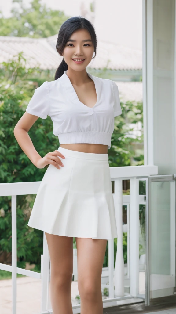 A very beautiful Chinese girl，Peaceful smile，Look at the camera，full-body shot，White horse face skirt，White clothes，hd hight details