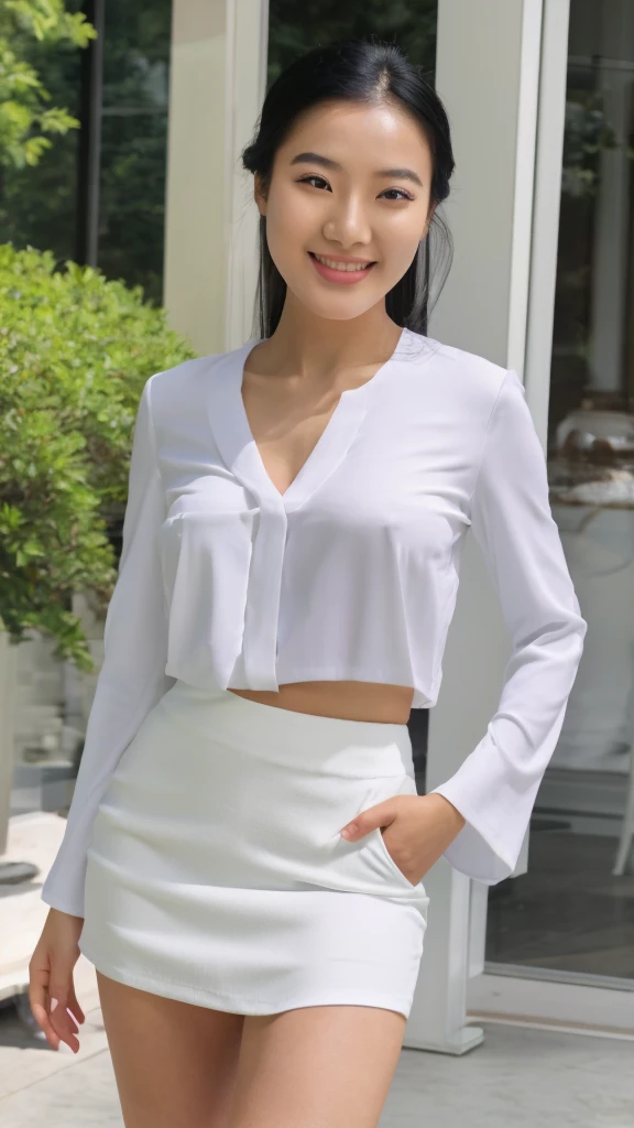 A very beautiful Chinese girl,Peaceful smile,Look at the camera,full-body shot,White horse face skirt,White clothes,hd hight details