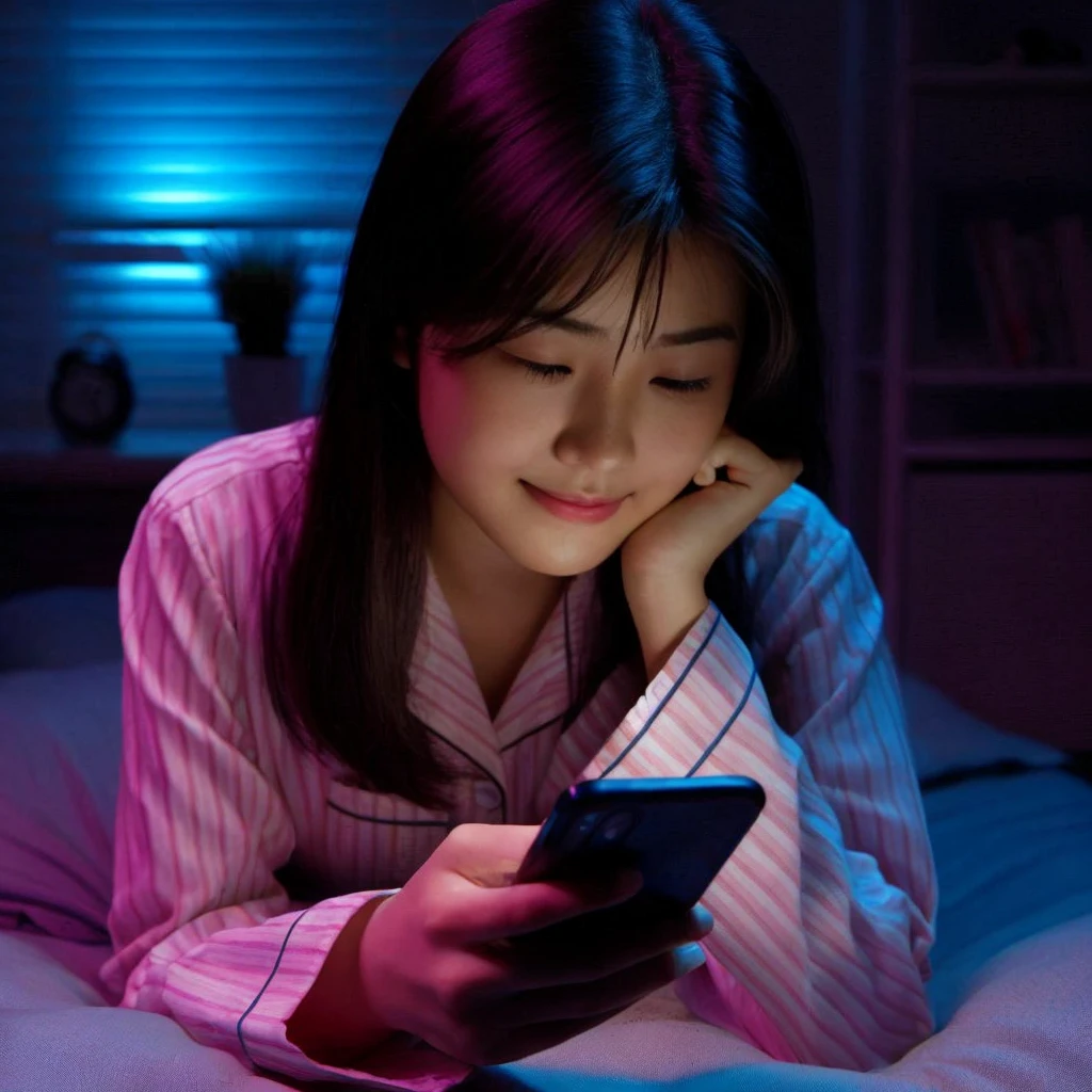 a 20 year old Indonesian girl was holding her chin while making a phone call on the bed , wearing pajamas to sleep, The background of the dark room is illuminated by the light of a bedroom lamp and the LED light glowing blue and pink