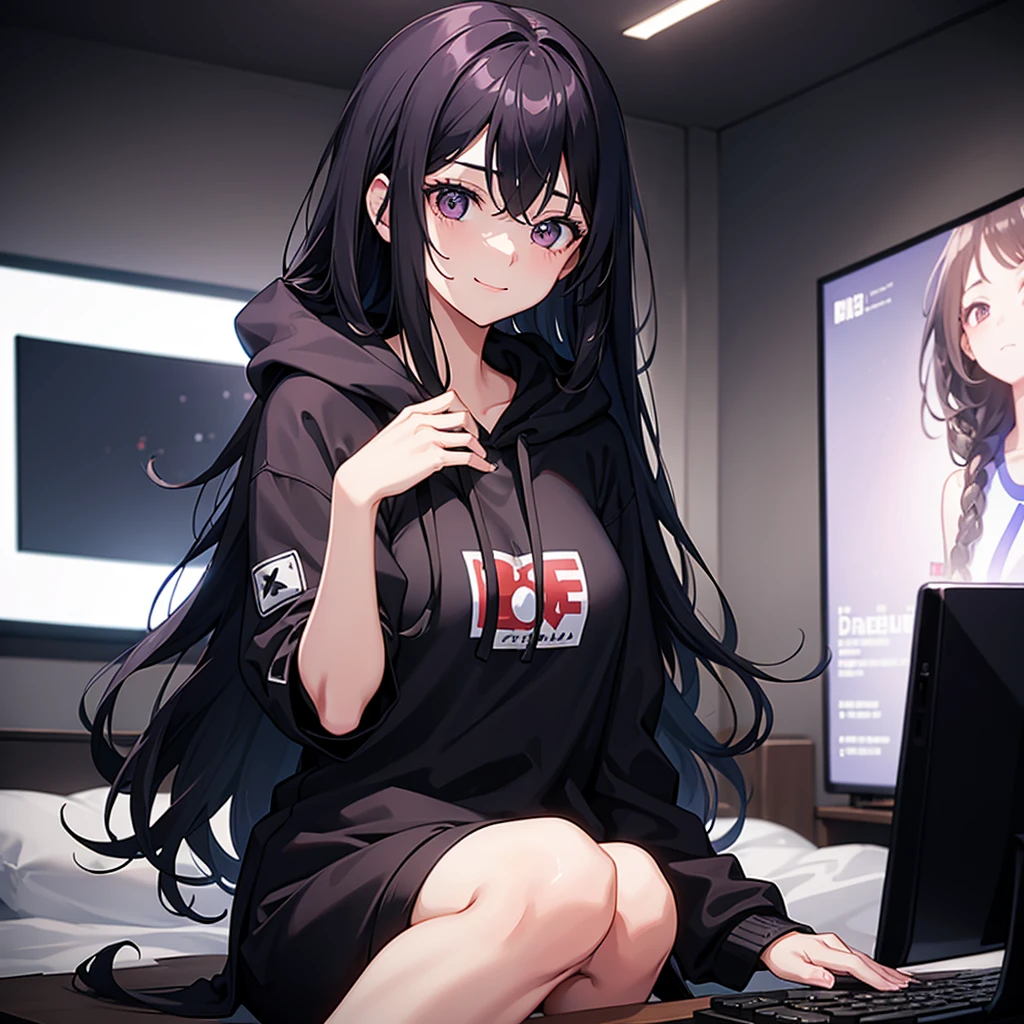 Woman using computer with big screen、Black hair、Semi-long hair、A smile
highly detailed, HD, dark background,girl sits at the computer, on the wall it is written: Мариша, On a hoodie too. The room is purple-black, with lights, on the PUBG mobile screen, in the girl’s arms lies a dog