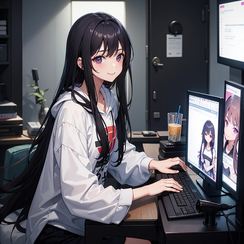Woman using computer with big screen、Black hair、Semi-long hair、A smile
 highly detailed, HD, dark background,girl sits at the computer, on the wall it is written: Мариша, On a hoodie too. The room is purple-black, with lights, on the PUBG mobile screen, in the girl’s arms lies a dog