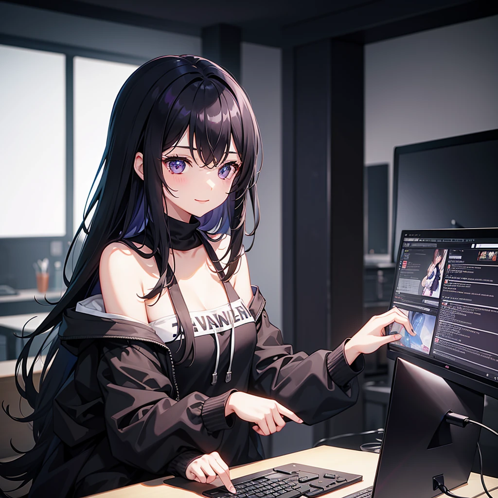 Woman using computer with big screen、Black hair、Semi-long hair、A smile
highly detailed, HD, dark background,girl sits at the computer, on the wall it is written: Мариша, On a hoodie too. The room is purple-black, with lights, on the PUBG mobile screen, in the girl’s arms lies a dog