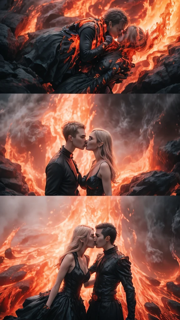 masterpiece，Highest quality，Rich in details，high resolution，flame/fiery的焰/flame，Dynamic Scene Scale 1.3，Romantic couple kissing in the fire，Firestorm，on fire，Bizarre fantasy image，Excellent skin texture，Magic Circle，Casting a Spell，strange，紫色strength，strength，fiery，meteor。