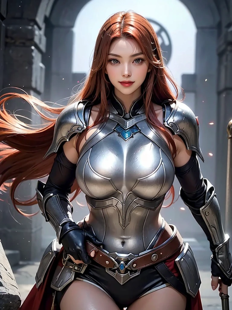 20-year-old female,Soft lighting, Strike a pose,Perfect face,Smile,Perfect body, Red hair,Feel free to hairstyle,Gorgeous Silver Armor,Narrow shoulders,Huge breasts, Wide hips