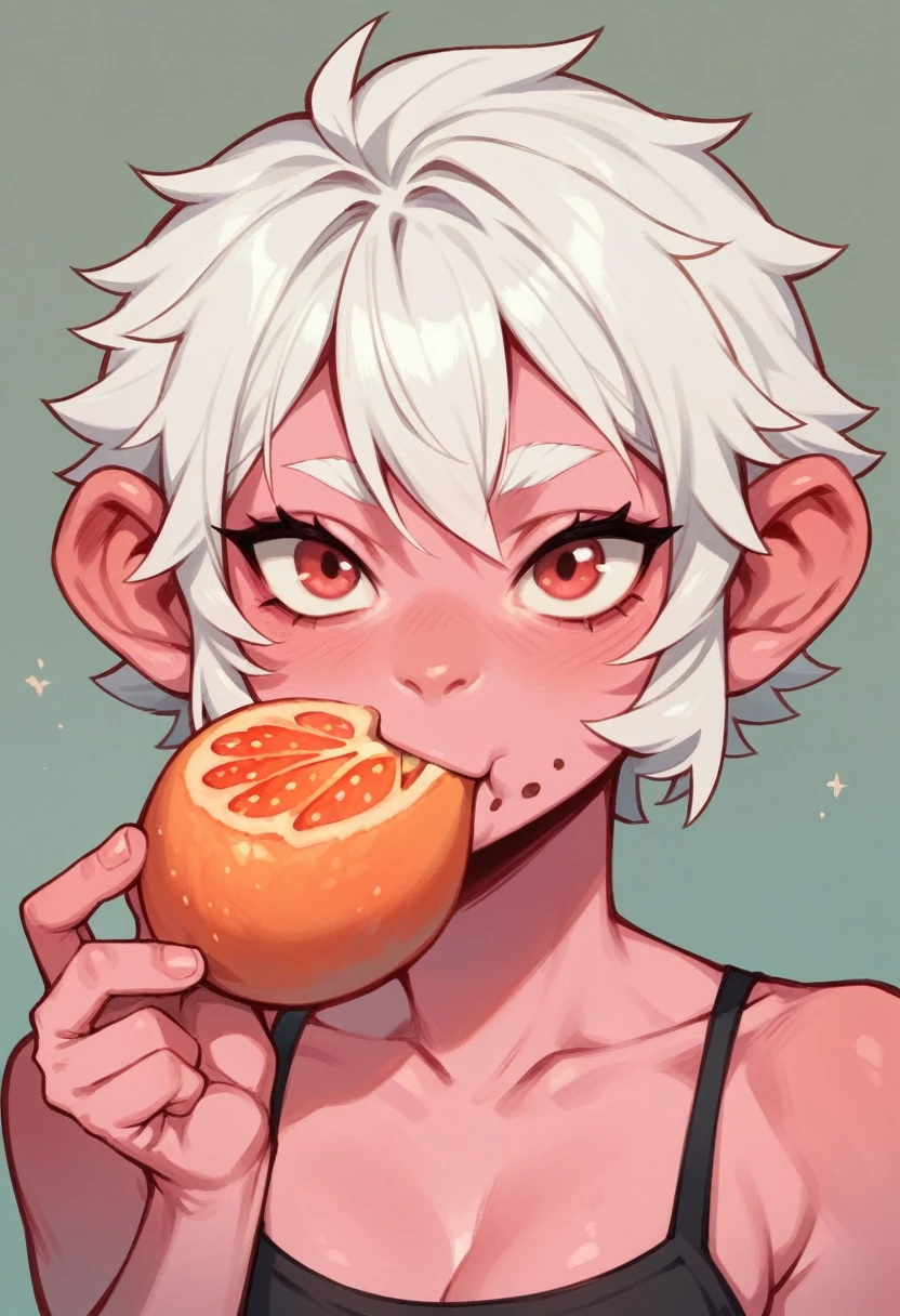 a ey animal with pink skin (because of the fruit you are eating, which dyes your skin) and white hair, that shows your skin color