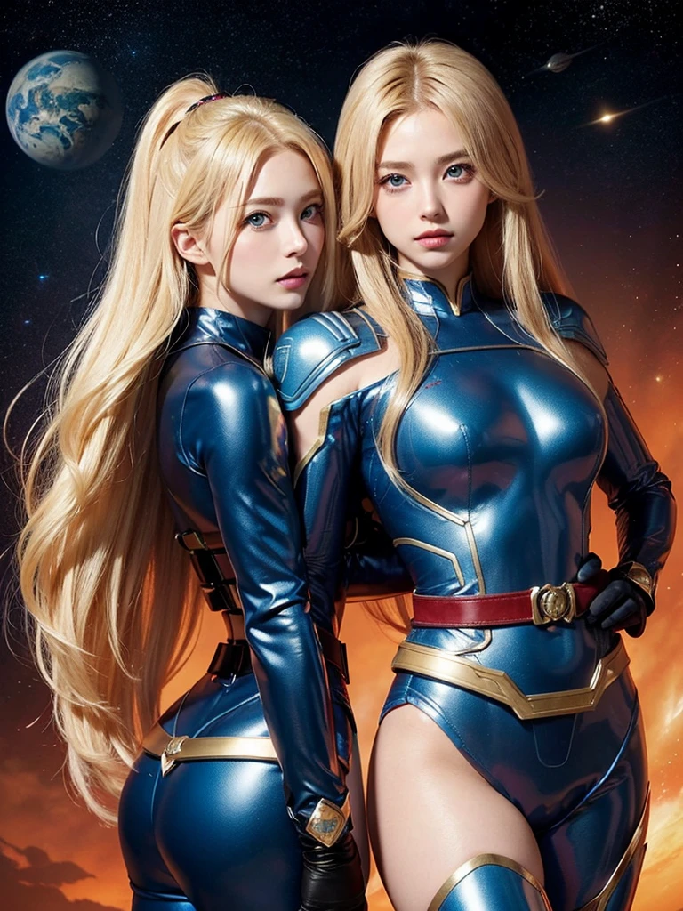 Beautiful woman with blond hair and blue eyes。Facial details。Beautiful couple。through nasal muscles。Full lips。She wore a metallic scarlet suit，Perfect fit.。Wearing a transformation belt on the waist like Kamen Rider.。Giant space battleship moving forward in outer space with woman in background。８KImage Quality。masterpiece.