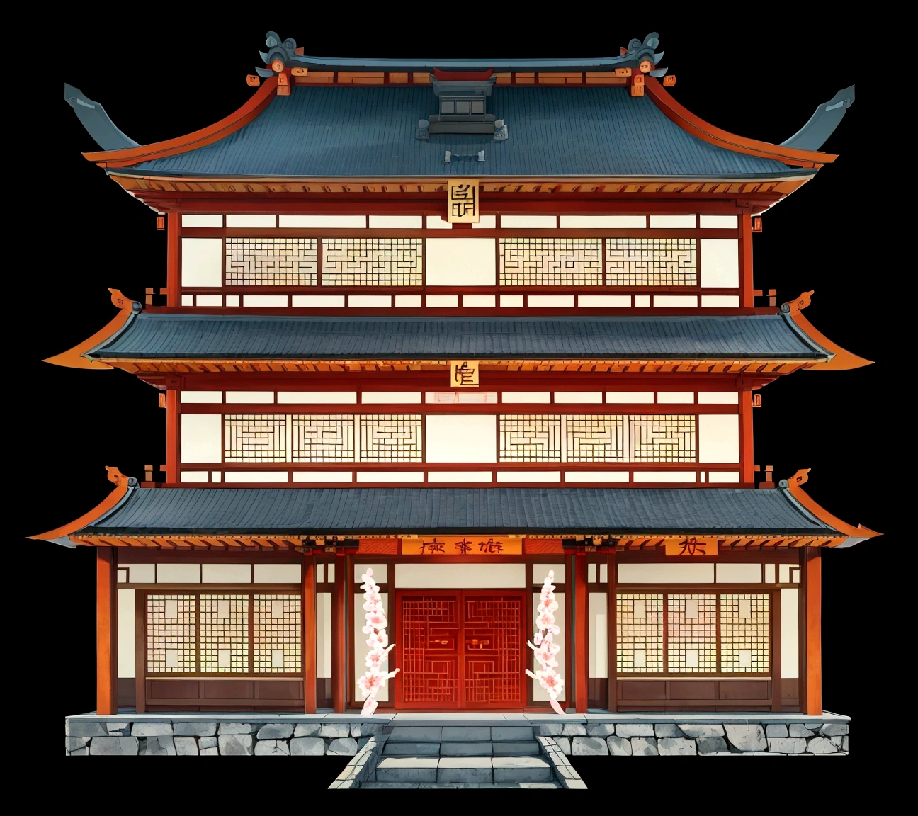 a cartoon illustration of a chinese building with a door and windows, japanese temple, zen temple background, japanese house, ancient japanese architecture, an extremely detailed building, european japanese buildings, chinese building, background depicting a temple, digital painting of a pagoda, japanese architecture, temple background, japanese temples, a temple, chinese temple, chinese palace, korean traditional palace, buddhist temple