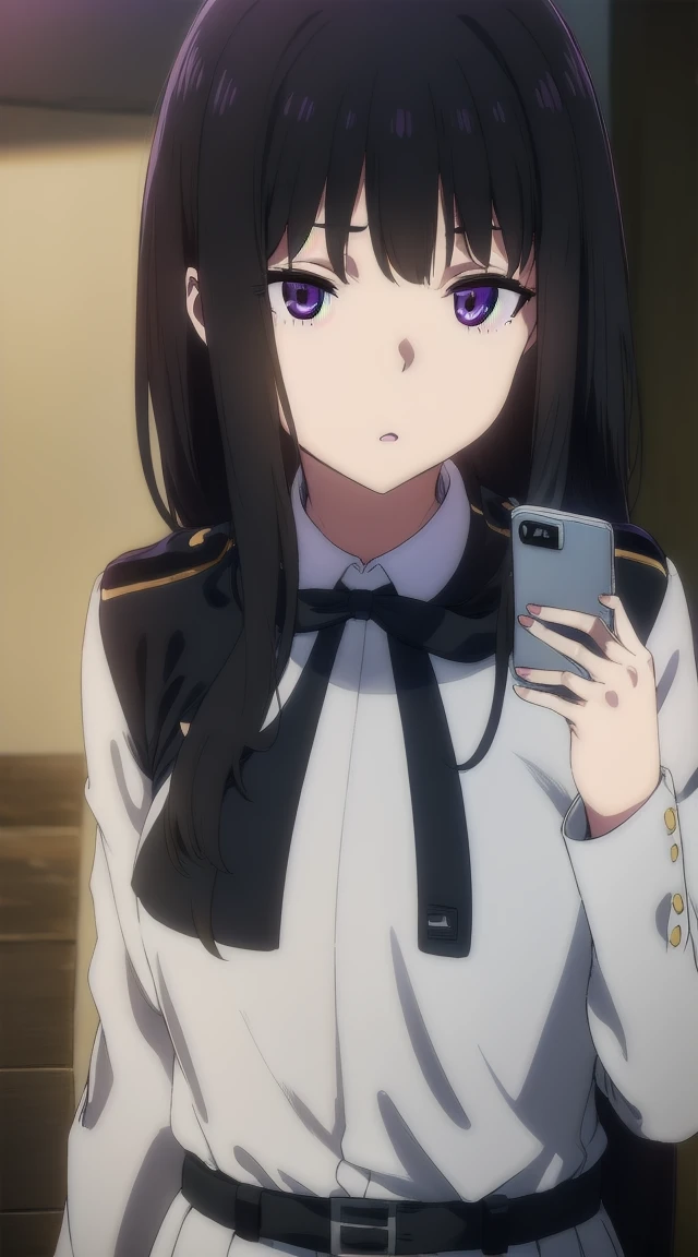 1girl,((black hair))
BREAK ((inoue takina, long hair, bangs, black hair, (purple eyes:1.2),crop top, white socks, shirt, long sleeves, dress, ribbon, , white shirt, collared shirt, belt, neck ribbon, blue dress, green ribbon, pleated dress, grey dress, two-tone dress, blue belt, lycoris uniform,:1))
BREAK ((blank eyes, mind control,StSPendulum,phone in corner:1.4))
BREAK indoors,
BREAK looking at viewer,
BREAK (masterpiece:1.2), best quality, high resolution, unity 8k wallpaper, (illustration:0.8), (beautiful detailed eyes:1.6), extremely detailed face, perfect lighting, extremely detailed CG, (perfect hands, perfect anatomy),