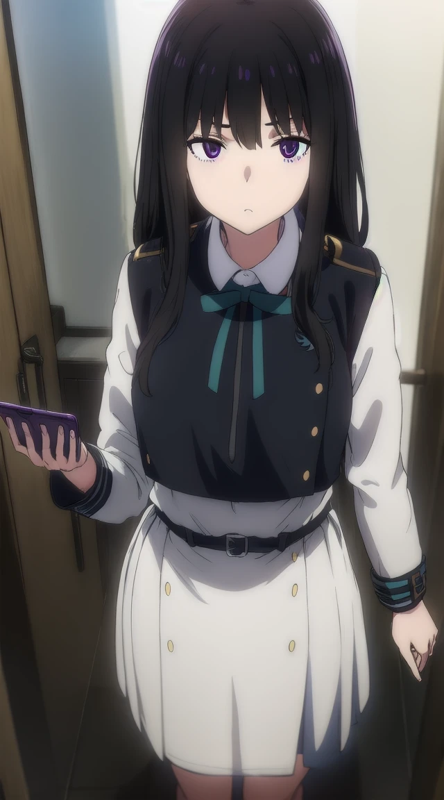1girl,((black hair))
BREAK ((inoue takina, long hair, bangs, black hair, (purple eyes:1.2),crop top, white socks, shirt, long sleeves, dress, ribbon, , white shirt, collared shirt, belt, neck ribbon, blue dress, green ribbon, pleated dress, grey dress, two-tone dress, blue belt, lycoris uniform,:1))
BREAK ((blank eyes, mind control,StSPendulum,phone in corner:1.4))
BREAK indoors,
BREAK looking at viewer,
BREAK (masterpiece:1.2), best quality, high resolution, unity 8k wallpaper, (illustration:0.8), (beautiful detailed eyes:1.6), extremely detailed face, perfect lighting, extremely detailed CG, (perfect hands, perfect anatomy),