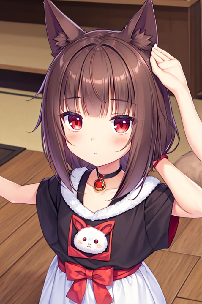 young furry cute little bunny girl with long messy brown hair, RED eyes, wearing a black and red Japanese , wearing a pink pet collar, family friendly
