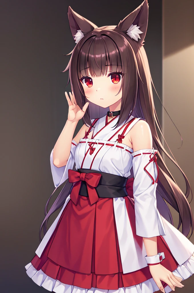 young furry cute little bunny girl with long messy brown hair, RED eyes, wearing a black and red Japanese , wearing a pink pet collar, family friendly
