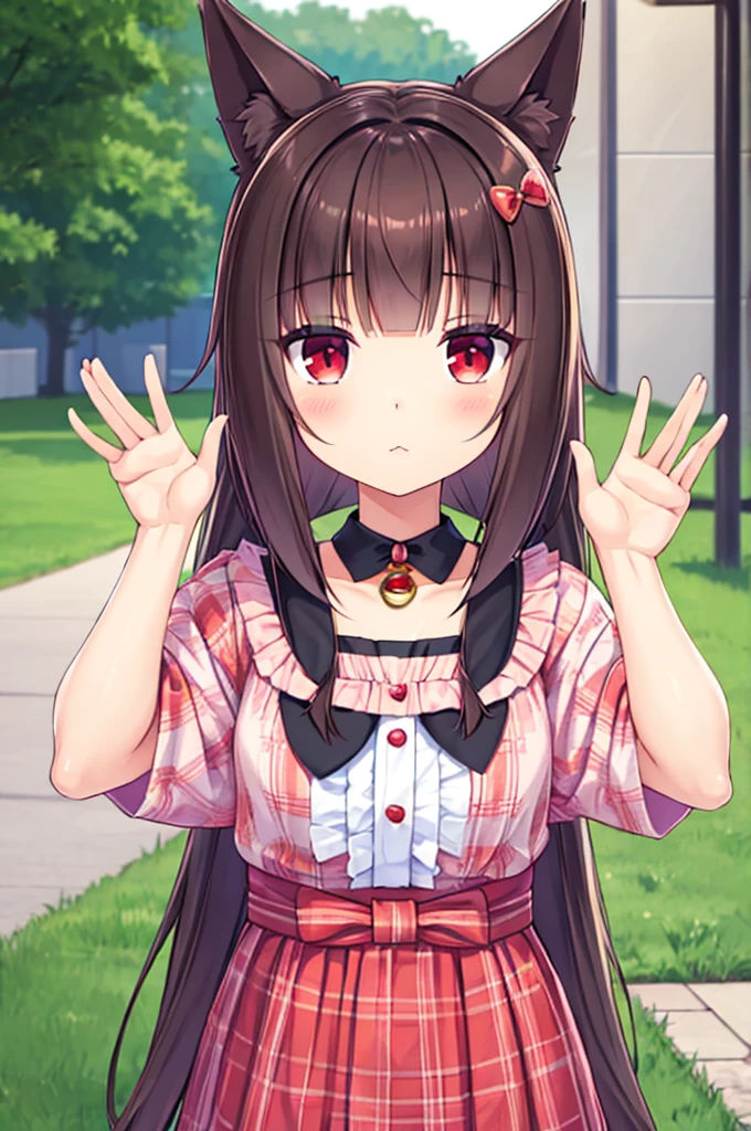 young furry cute little bunny girl with long messy brown hair, RED eyes, wearing a black and red Japanese , wearing a pink pet collar, family friendly
