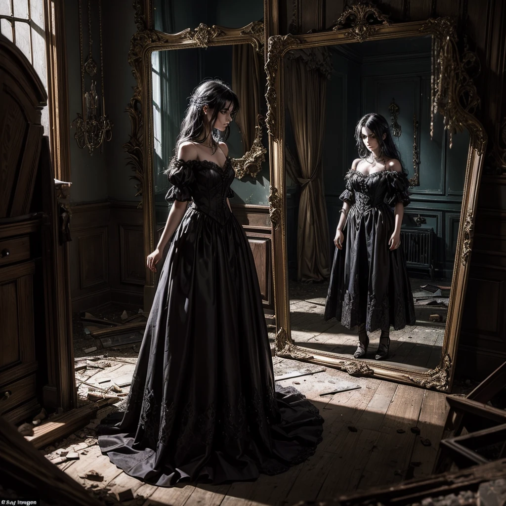 A dark female shadow with eyes illuminated like fairy lights appears in a mirror, the mirror is located inside an abandoned and dilapidated Gothic style room, on the ground a broken plaque with a photo