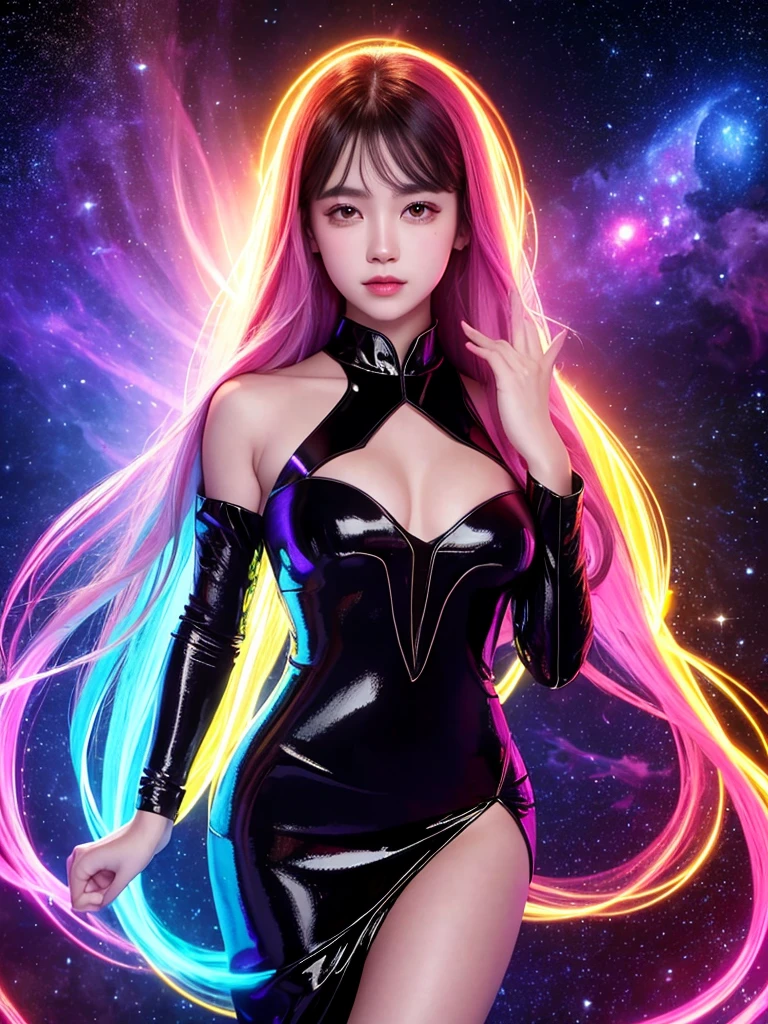 4K ultra HD, masterpiece, A girl with a magical aura, Good face, Long hair, Shiny hair, Delicate eyes, Glossy lips, Wearing a black dress, The aura around the body, Magical Effect, Emit red and yellow lights, Cosmic elements and ethereal atmosphere, A mix of bright lights and colorful nebulae, Space Background, Charming pose, Full body capture.
