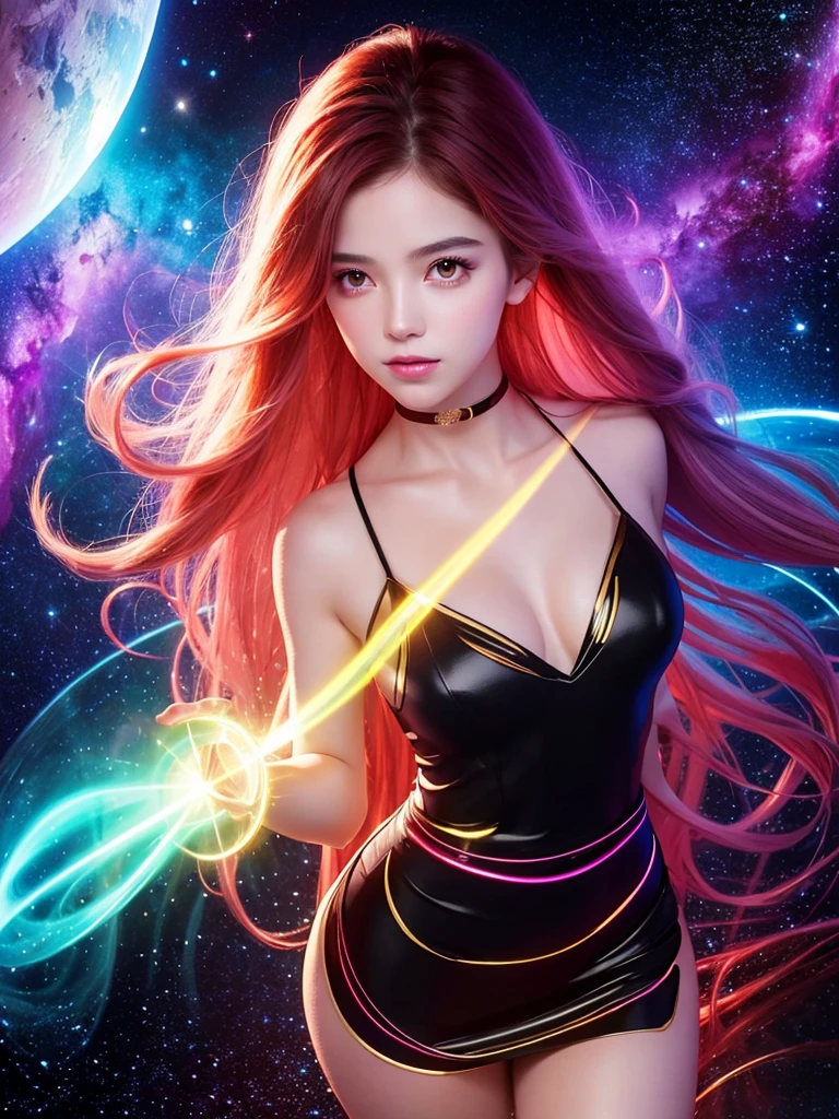 4K ultra HD, masterpiece, A girl with a magical aura, Good face, Long hair, Shiny hair, Delicate eyes, Glossy lips, Wearing a black dress, The aura around the body, Magical Effect, Emit red and yellow lights, Cosmic elements and ethereal atmosphere, A mix of bright lights and colorful nebulae, Space Background, Charming pose, Full body capture.