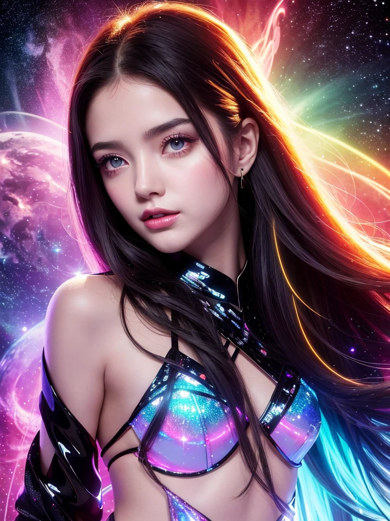 4K ultra HD, masterpiece, A girl with a magical aura, Good face, Long hair, Shiny hair, Delicate eyes, Glossy lips, Wearing a black dress, The aura around the body, Magical Effect, Emit red and yellow lights, Cosmic elements and ethereal atmosphere, A mix of bright lights and colorful nebulae, Space Background, Charming pose, Full body capture.
