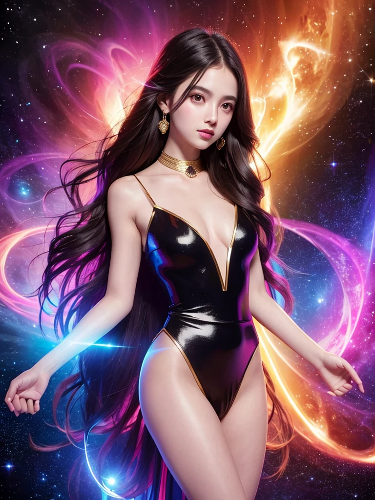 4K ultra HD, masterpiece, A girl with a magical aura, Good face, Long hair, Shiny hair, Delicate eyes, Glossy lips, Wearing a black dress, The aura around the body, Magical Effect, Emit red and yellow lights, Cosmic elements and ethereal atmosphere, A mix of bright lights and colorful nebulae, Space Background, Charming pose, Full body capture.