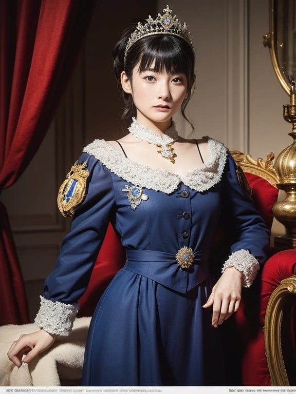 (Ultra-high resolution), (masterpiece), (Attention to detail), (high quality), (最high quality), ((Upper Body Shot)) , One Girl, Medieval women, ((Queen)), Victorian Style, Race, silk, Long gown, High-up style, tiara, Royal Blue, Silver Accessories, Luxury Background, Royal Gardens, Coat of arms, Luxurious curtains, Classic beauty, sophistication, Noble, 王家のCoat of arms, GRaceful pose, Noble atmosphere
