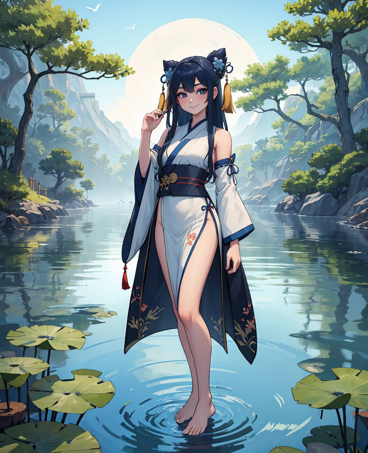 ((4k,masterpiece,best quality)), shuimobysim, Chinese painting, lotus, hanfu, maxiskit, dress open, swf 1girl, solo, long blue hair, smile, standing, feet in the water, barefoot,