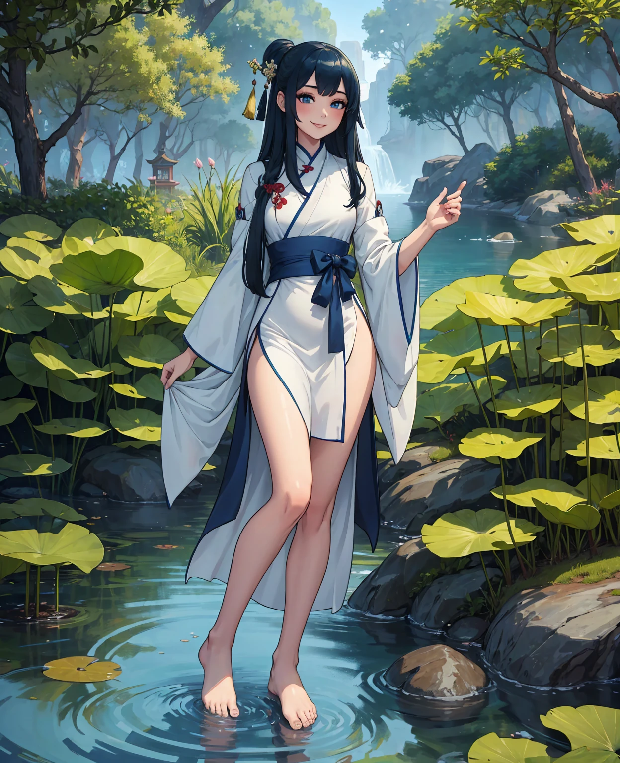 ((4k,masterpiece,best quality)), shuimobysim, Chinese painting, lotus, hanfu, maxiskit, dress open, swf 1girl, solo, long blue hair, smile, standing, feet in the water, barefoot,