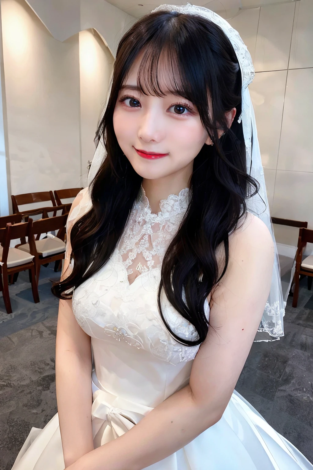 High-definition images、Precision photography、Wide-angle lens。Full Shot、whole body、wedding場、Chapel、Large space、Happy Event、Well-dressed woman、Black hair and clean face、Wearing a pure white wedding dress、Wedding veil、wedding、Mayumi、28 years old、Stylish、A kind smile、classmate。